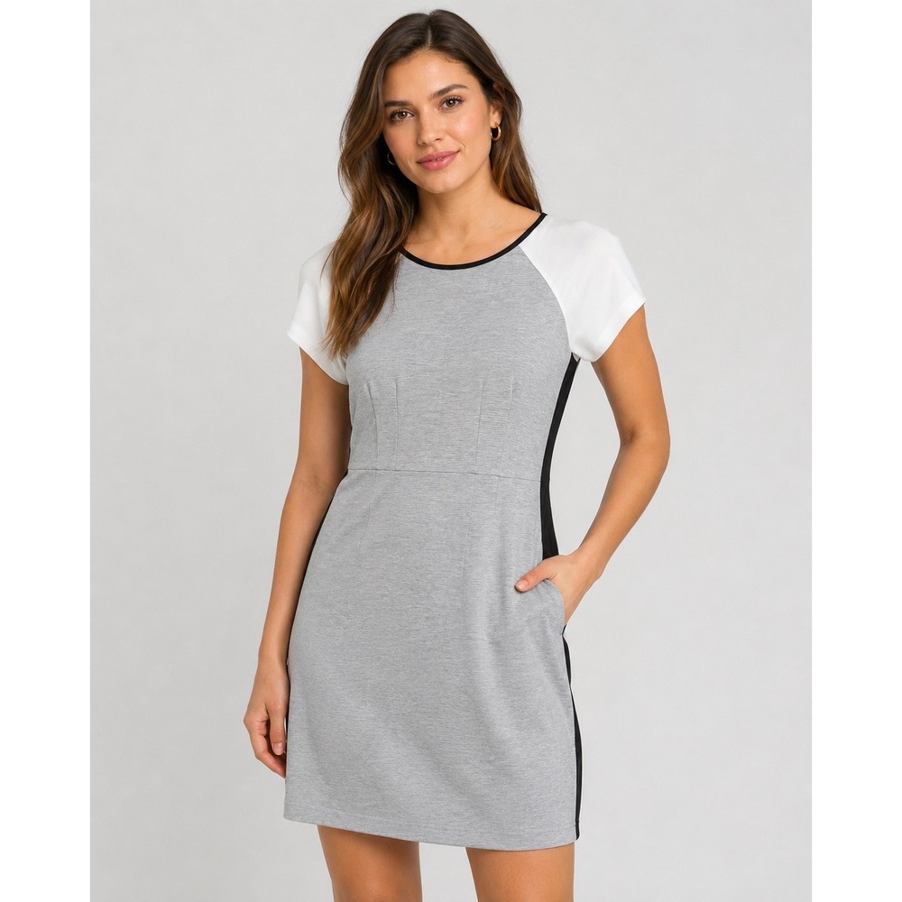 Gianni Bini Womens Grey White Colorblock Faux Leather Trim Sheath Dress Medium